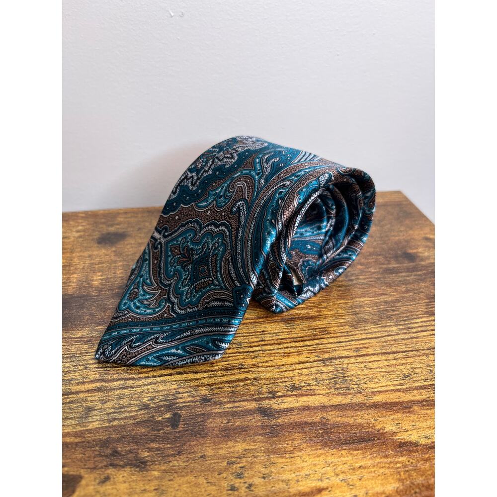 1980s Givenchy Monsieur Brown Turquoise Teal Paisley Old Money Silk Mens Tie
